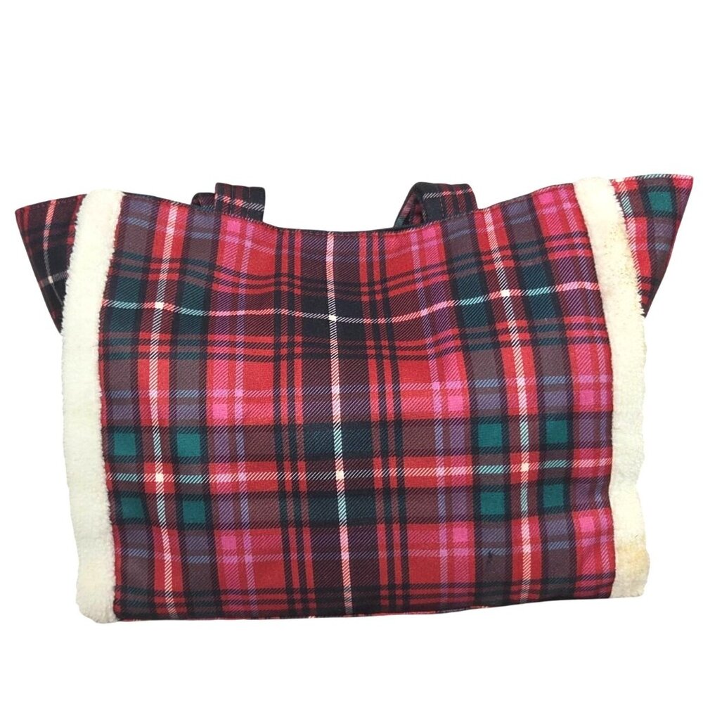 Victorias Secret Large Red Plaid Tote Bag With Sherpa Trim Limited Edition - Picture 2 of 12